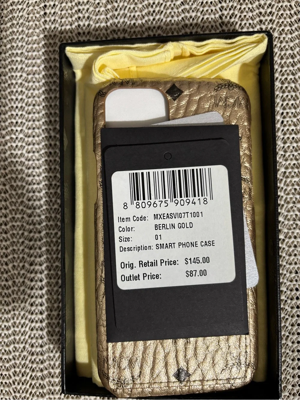 MCM Gold Metallic Logo iPhone Case with Black Monogram